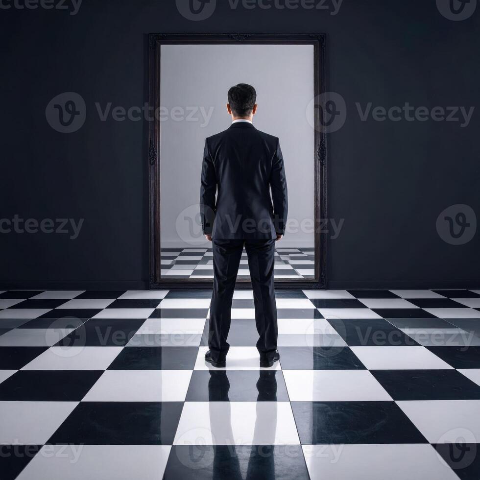 A suited man gazes into a mirror with a bizarre reflection, set against a checkered floor in a surreal horror scene. photo