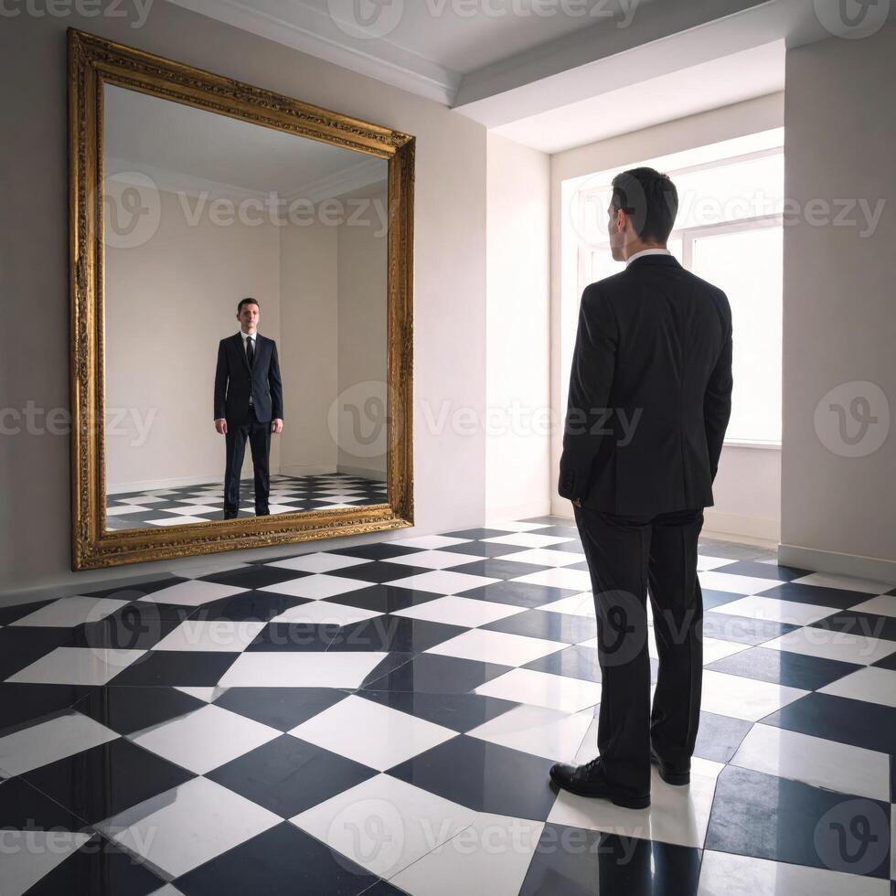 A suited man stands on a checkered floor, gazing into a mirror showing a surreal reflection in a eerie, conceptual horror setting. photo