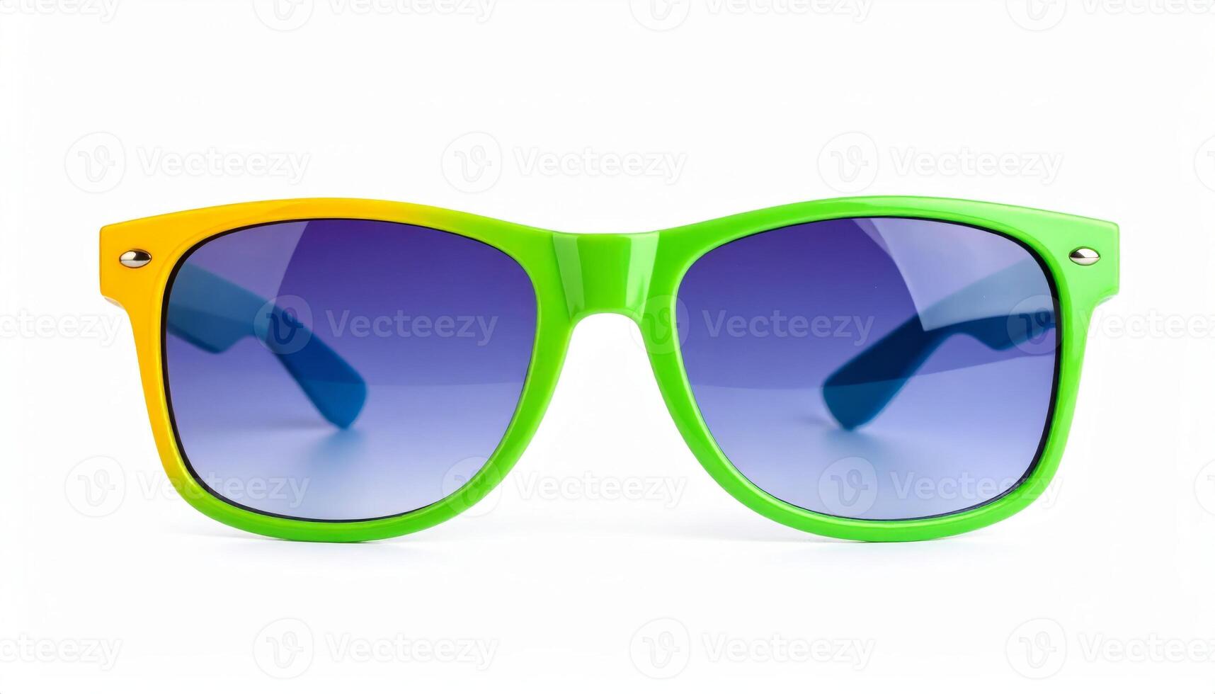 Vivid tinted sunglasses set against a white backdrop, summer getaway vibe photo