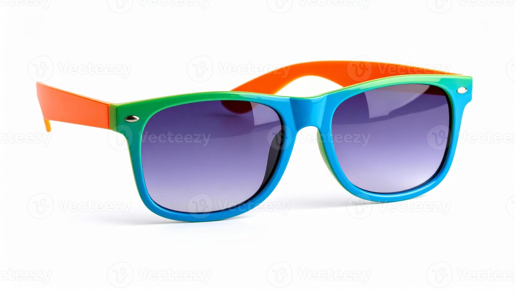 Vibrant tinted sunglasses against a white backdrop, summer holiday vibe photo