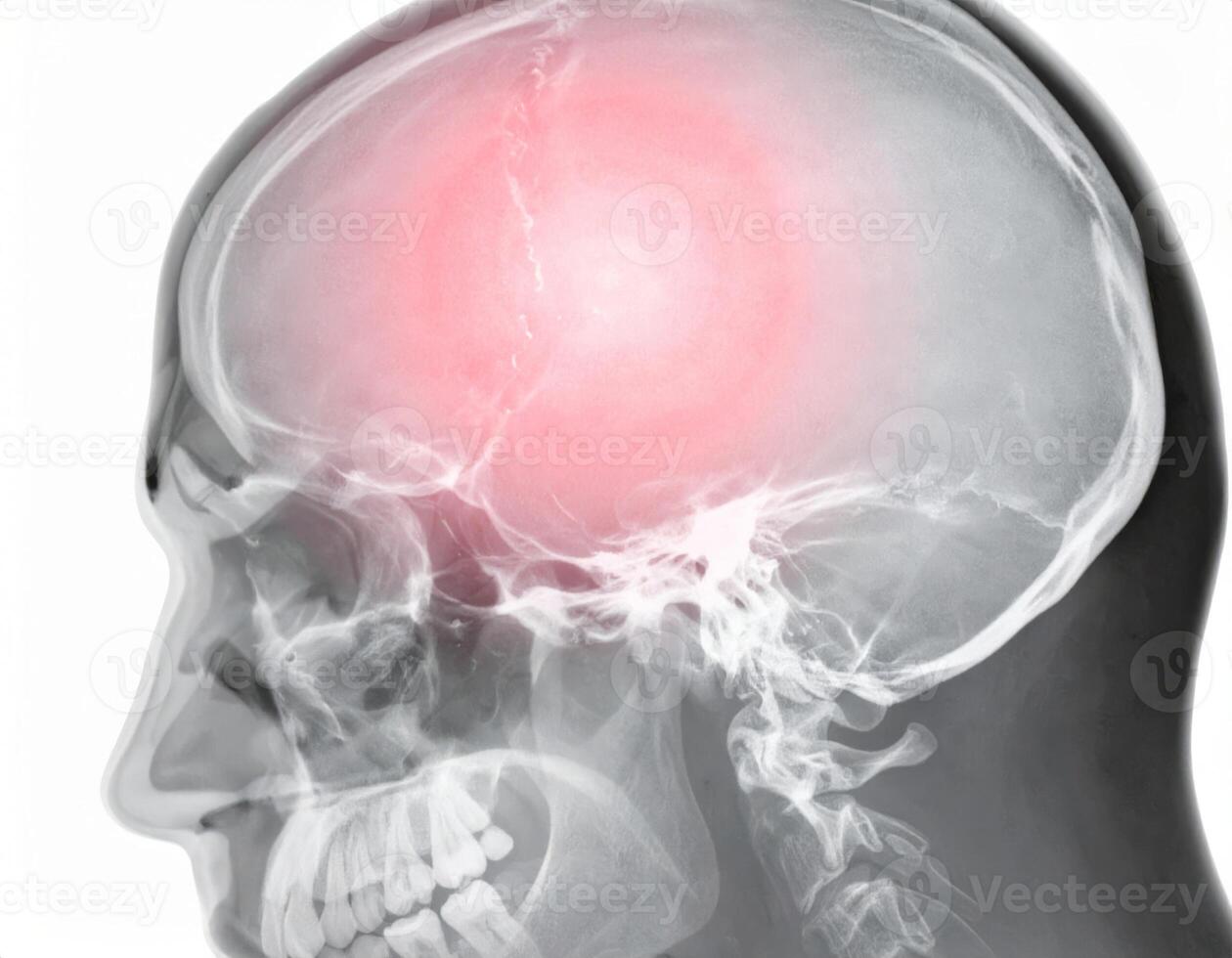 Localized headache with radiating pain shown as a glowing area inside a semi-transparent head on a white backdrop photo