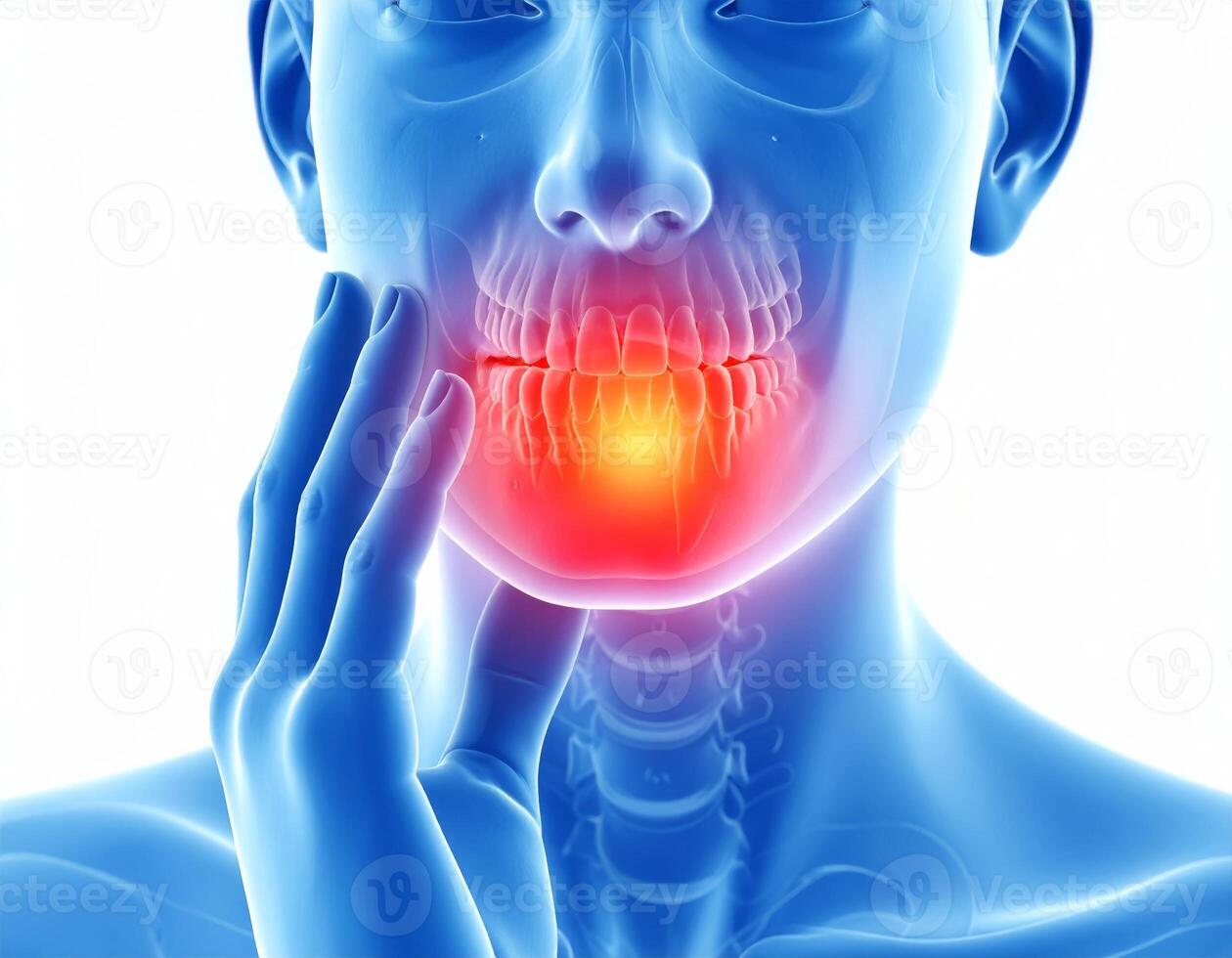 Highlighted area showing a radiant toothache within a semi-transparent head illustration on a white backdrop. photo