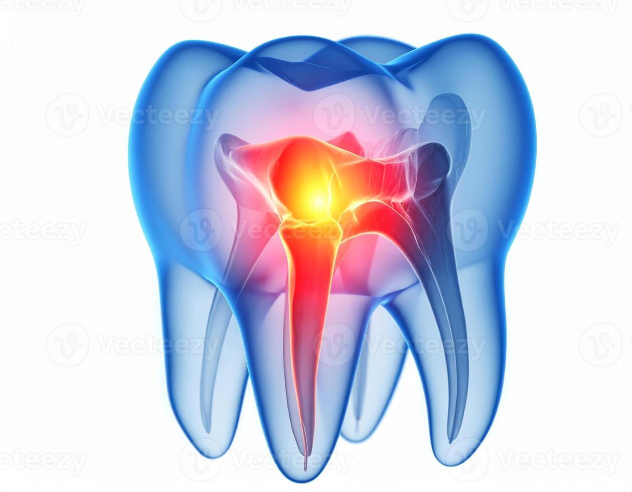 Highlighted toothache spreading to surrounding areas, depicted as a glowing spot inside a semi-transparent head on a white background photo