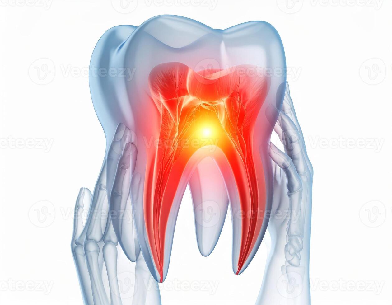Illustration of a shining point inside a semi-transparent head showing a spreading toothache on a white background. photo