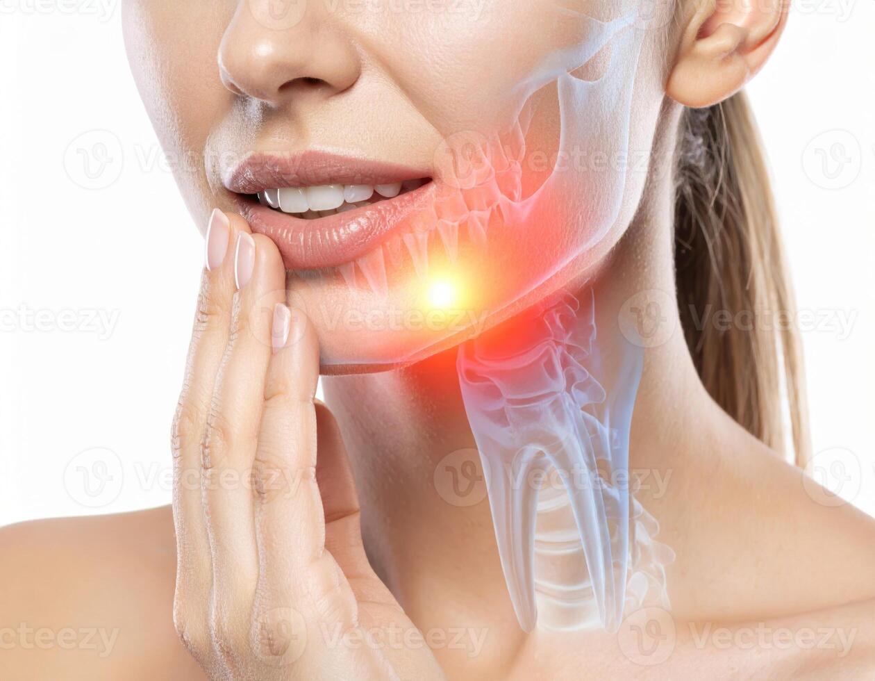 Highlighted area in a semi-transparent head showing a spreading toothache against a plain white backdrop photo