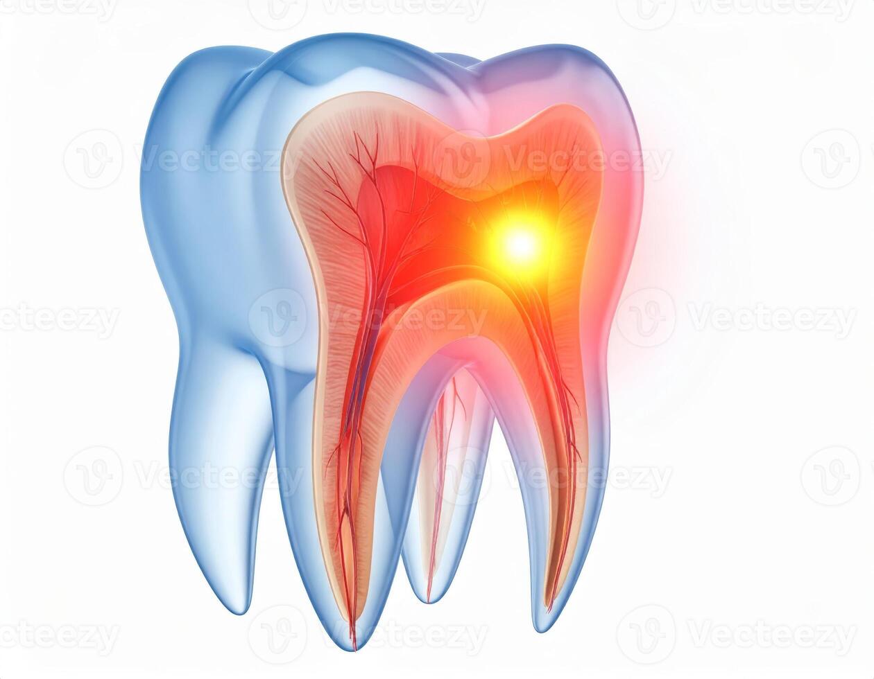Illustration of a toothache causing a glowing sensation in the nearby region, depicted as a luminous spot inside a semi-transparent head on a white backdrop photo