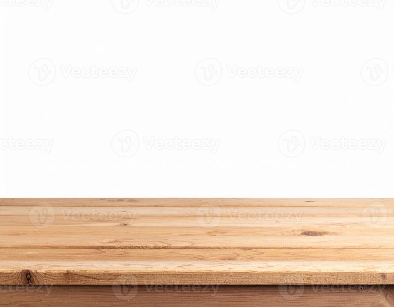 Wooden tabletop display setup against a plain white backdrop, a natural wood surface mock-up for presentations photo