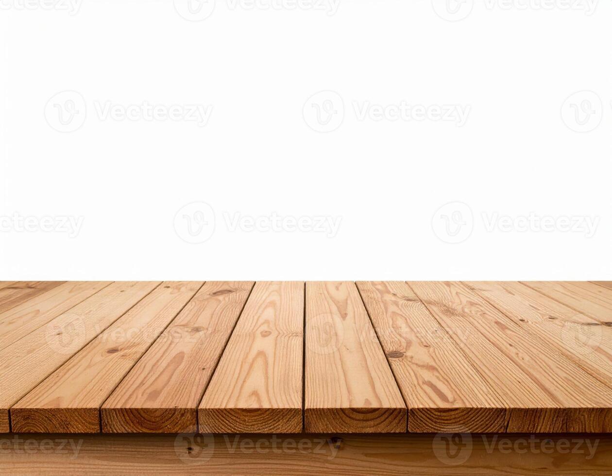 Wooden tabletop stage mockup set against a plain white background, ideal for presentation templates. photo