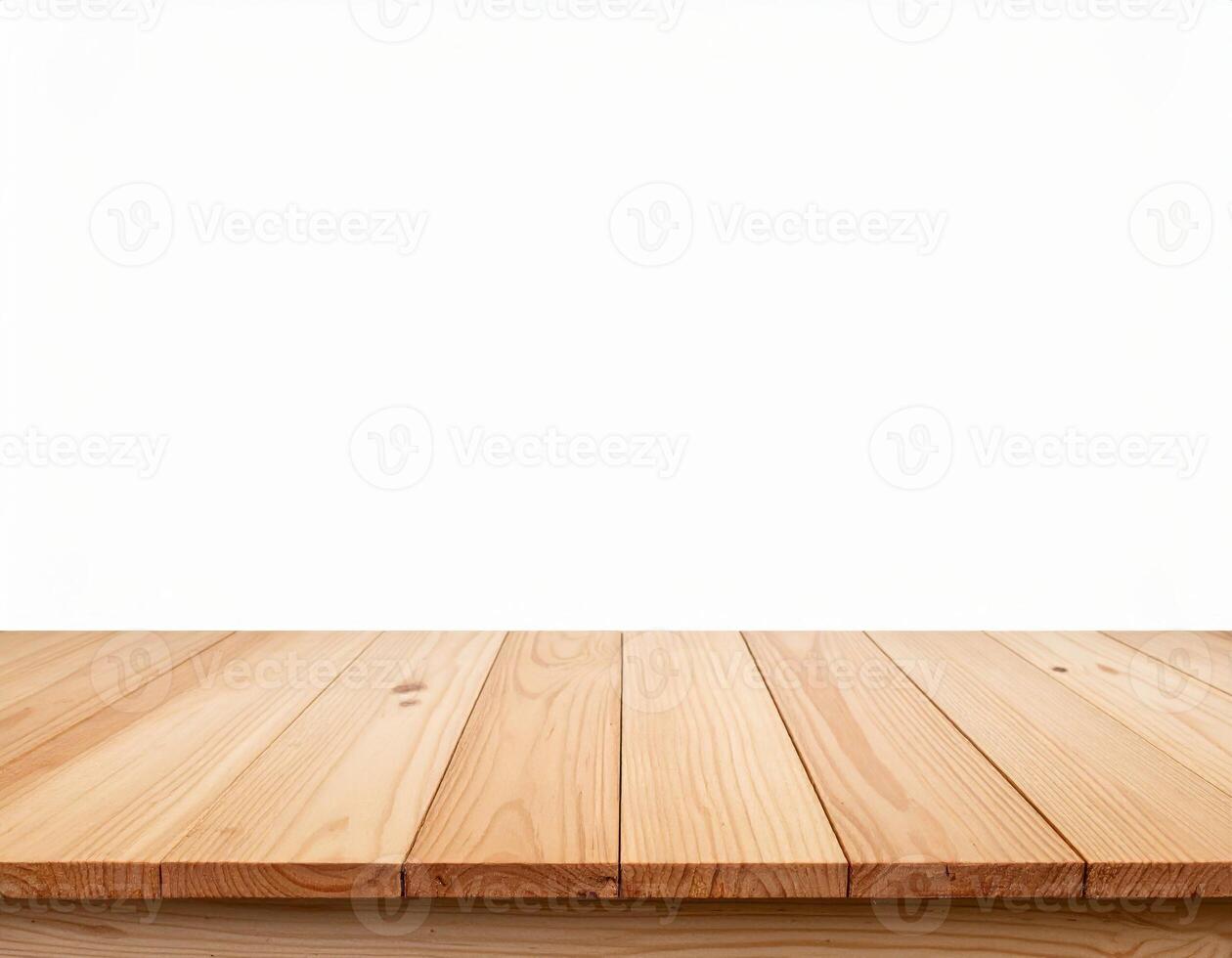 Wooden tabletop display on a plain white background, natural wood surface mock-up for presentations photo