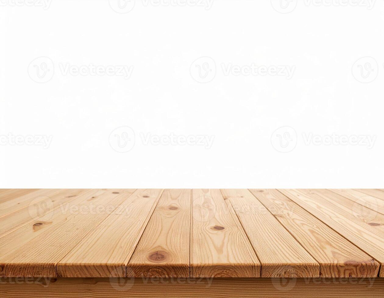 Wooden tabletop display setup against a plain white backdrop, a natural wood table mockup for presentations photo