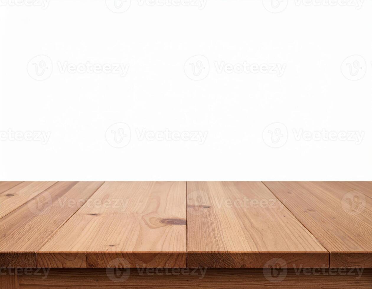 Wooden tabletop display setup against a white backdrop, a natural wood table mockup for presentations photo