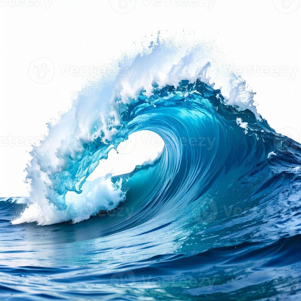 Lifelike ocean wave depicted against a plain white backdrop, resembling seawater form photo