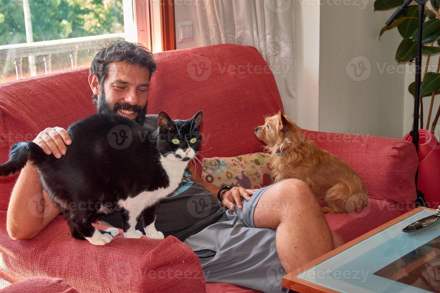 A heartwarming scene of a young man with a beard surrounded by his pets, conveying complicity and domestic joy photo