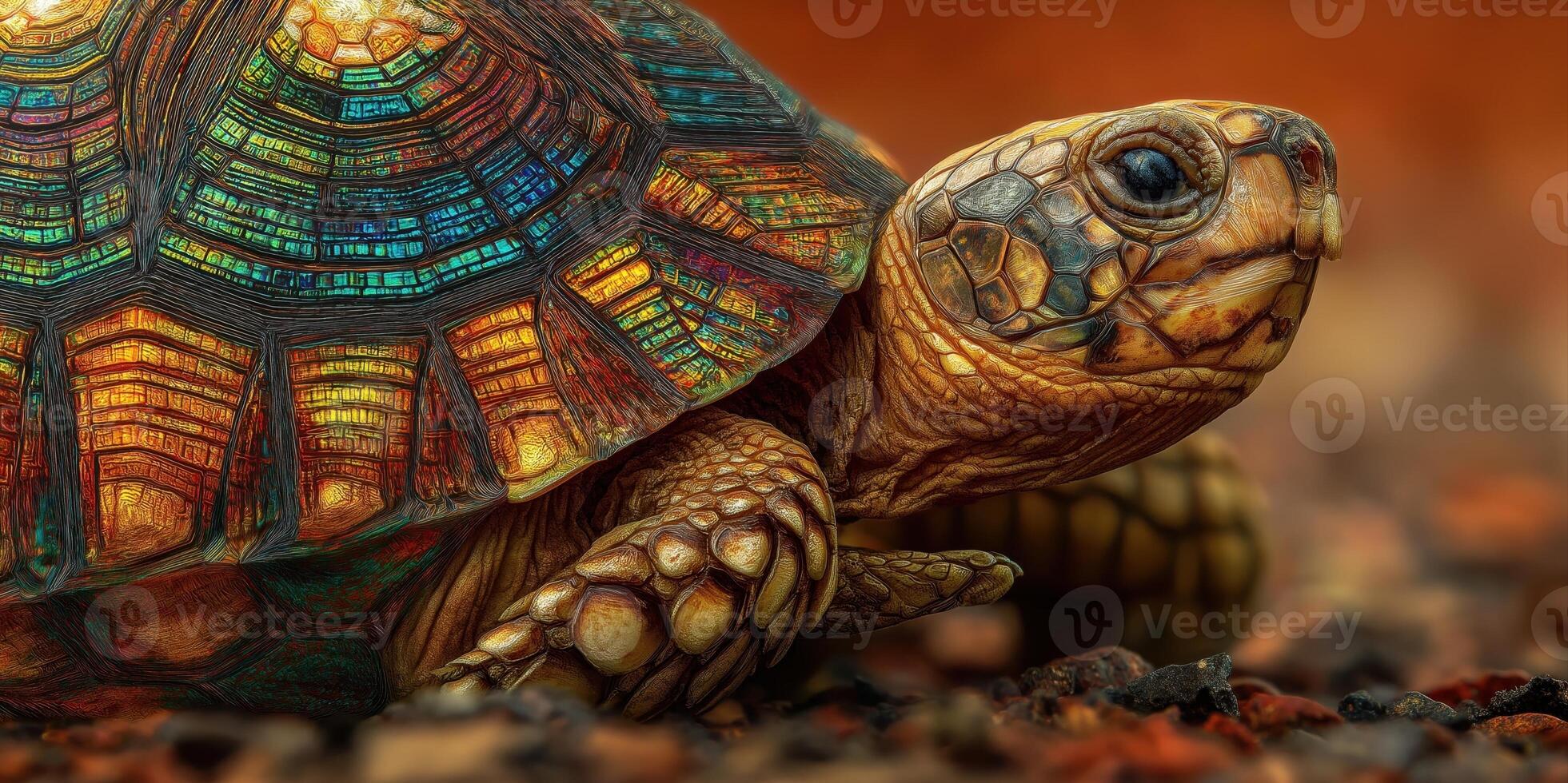 Digital mosaic artwork featuring a reptile with realistic eyes and stylized segmented patterns throughout the shell photo