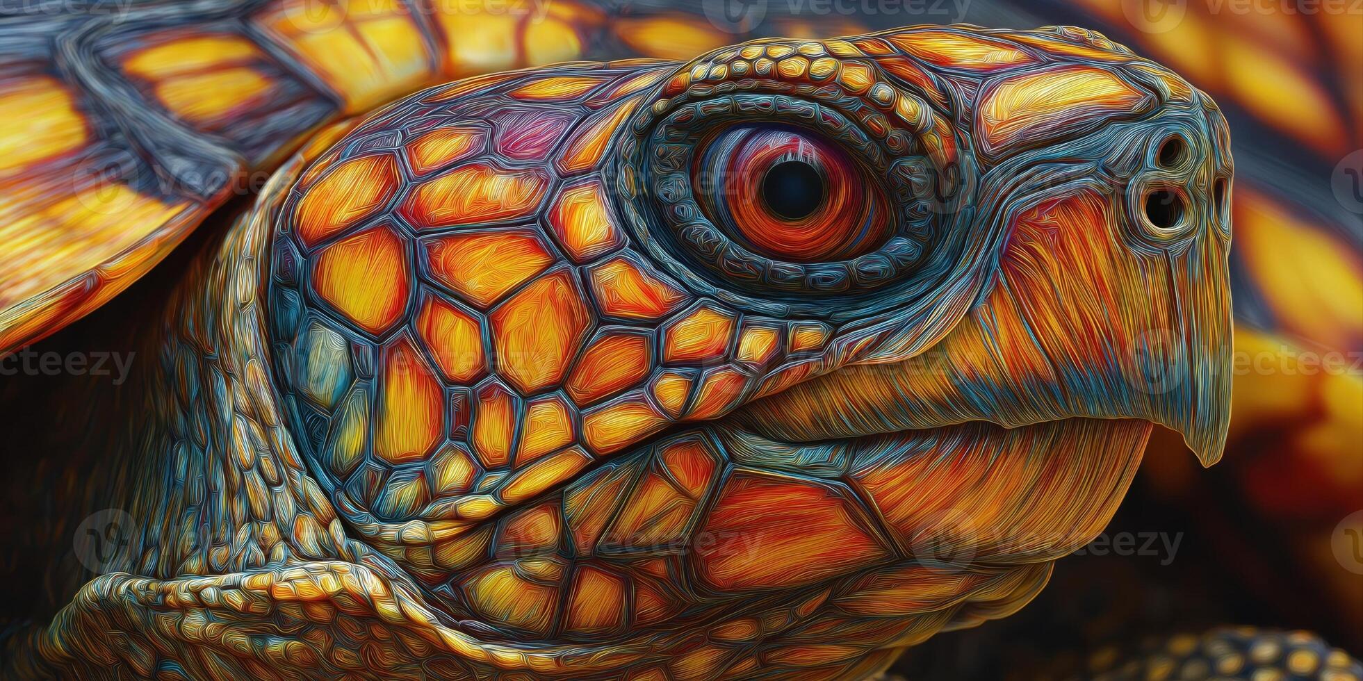 tortoise shell close-up with vibrant mosaic overlay photo