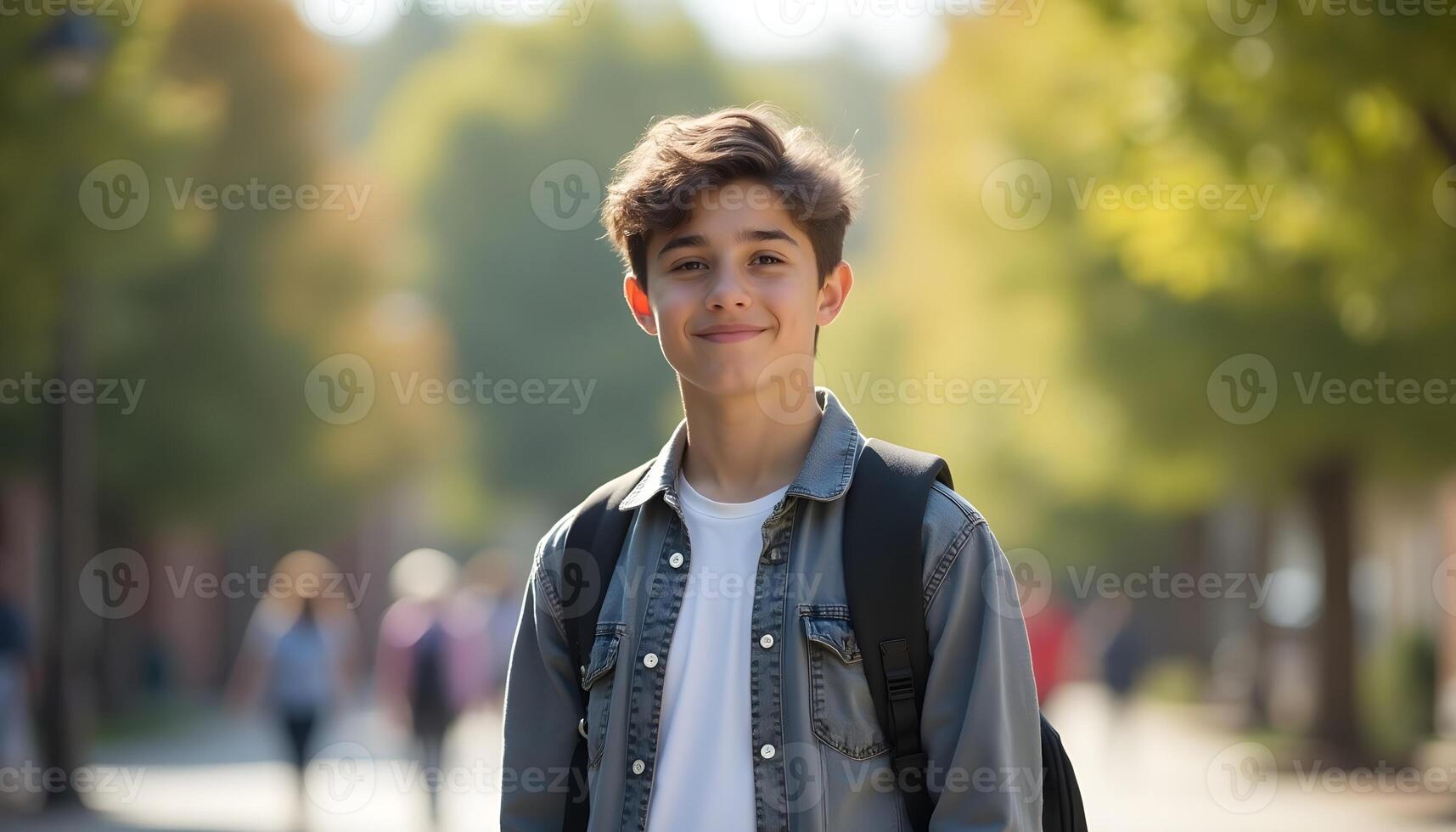 Teenage Boy Backpack Student Campus Outdoors Fall Sunlight photo