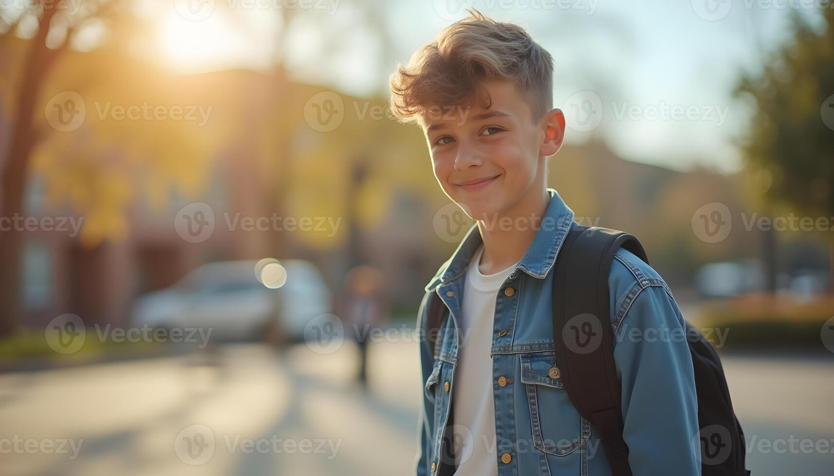 Smiling Boy Student Backpack Outdoors School Education photo