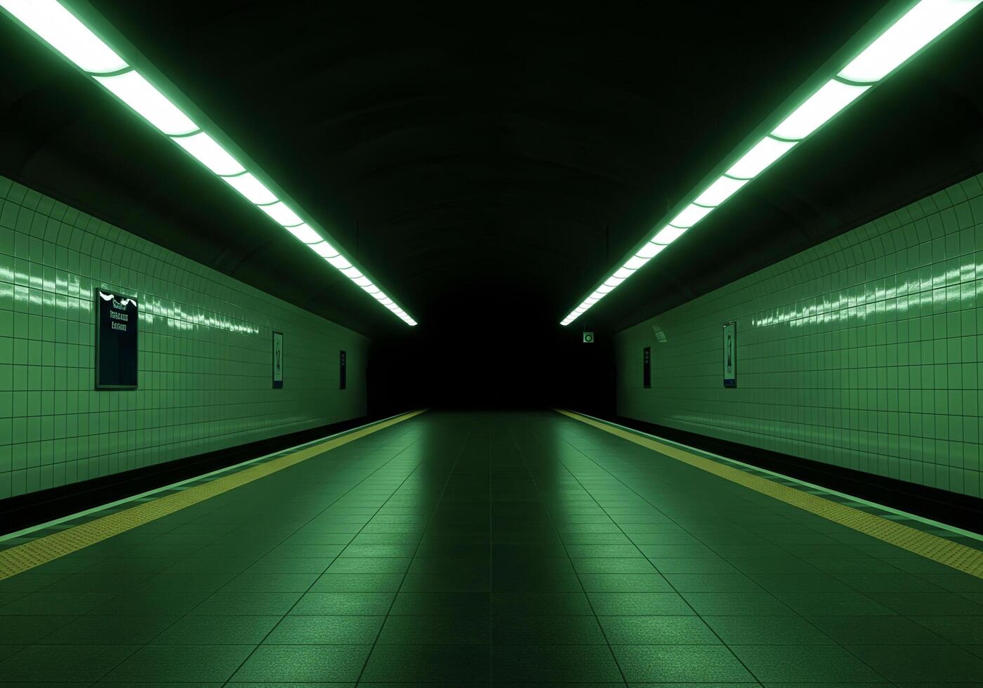 Empty Subway Underground Tunnel Green Fluorescent Lighting Urban Infrastructure Symmetrical Perspective Moody Atmospheric Architecture Transportation System photo