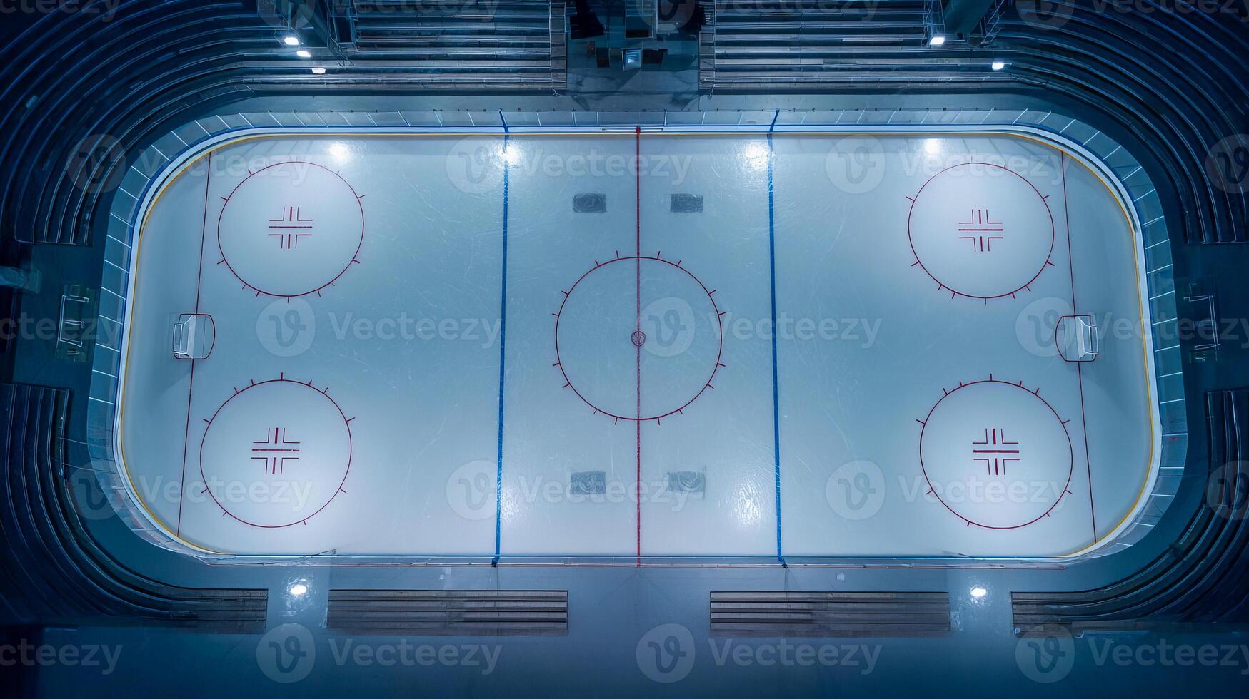 Hockey empty rink for playing hockey, ice with scratches from skates, empty stands photo