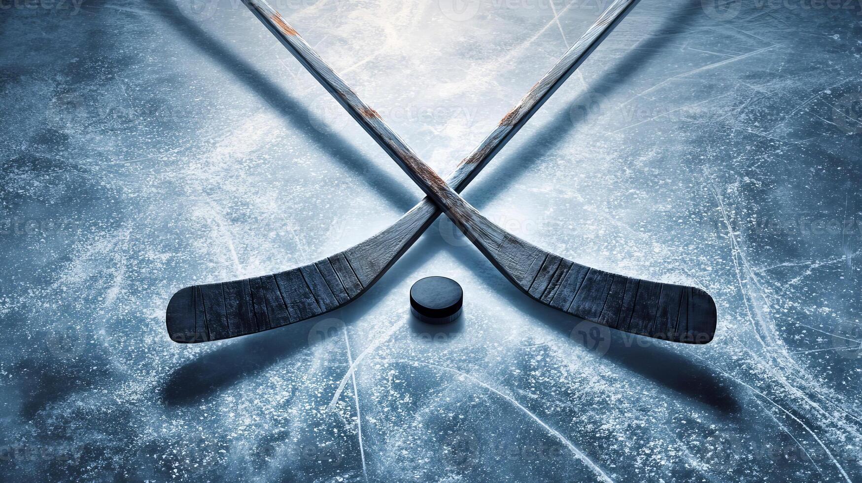 Crossed hockey sticks and pucks on textured ice background, subtle frost patterns and light shadows photo