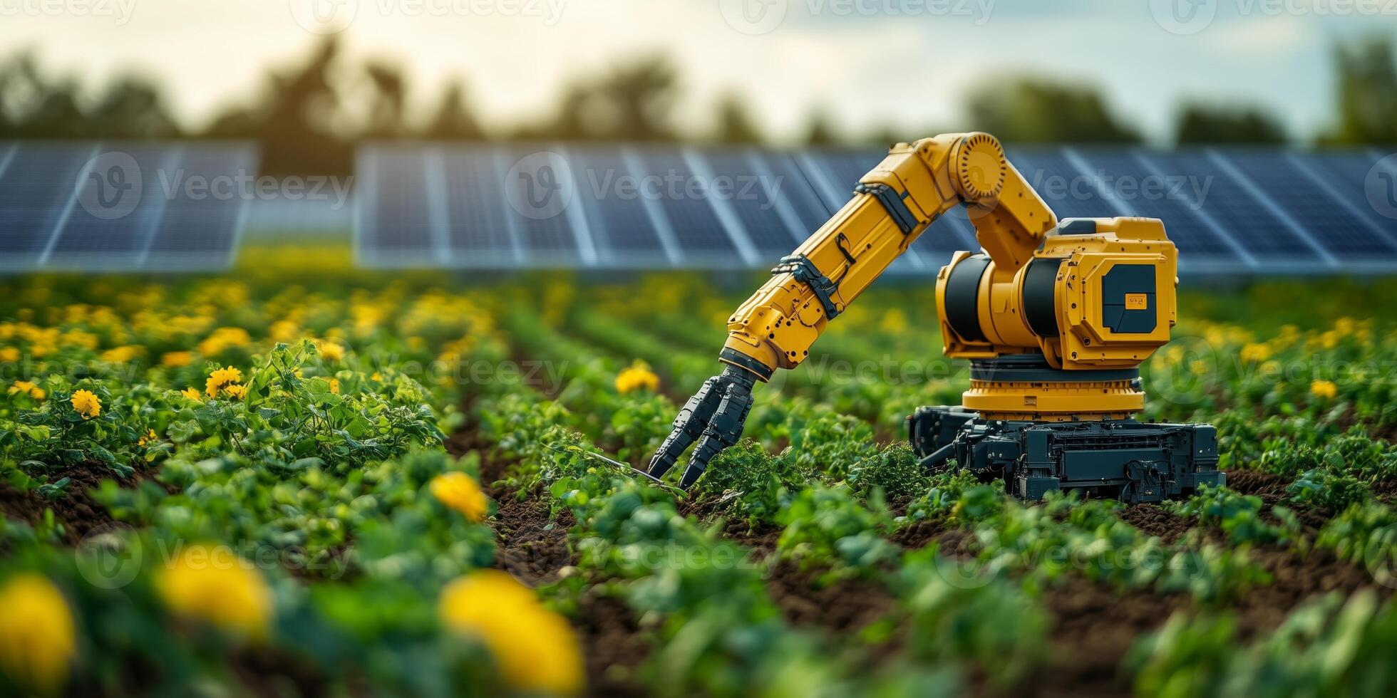 a smart robotic arm planting seeds in precise rows in a large field, solar panels visible in the background, right side empty for text photo