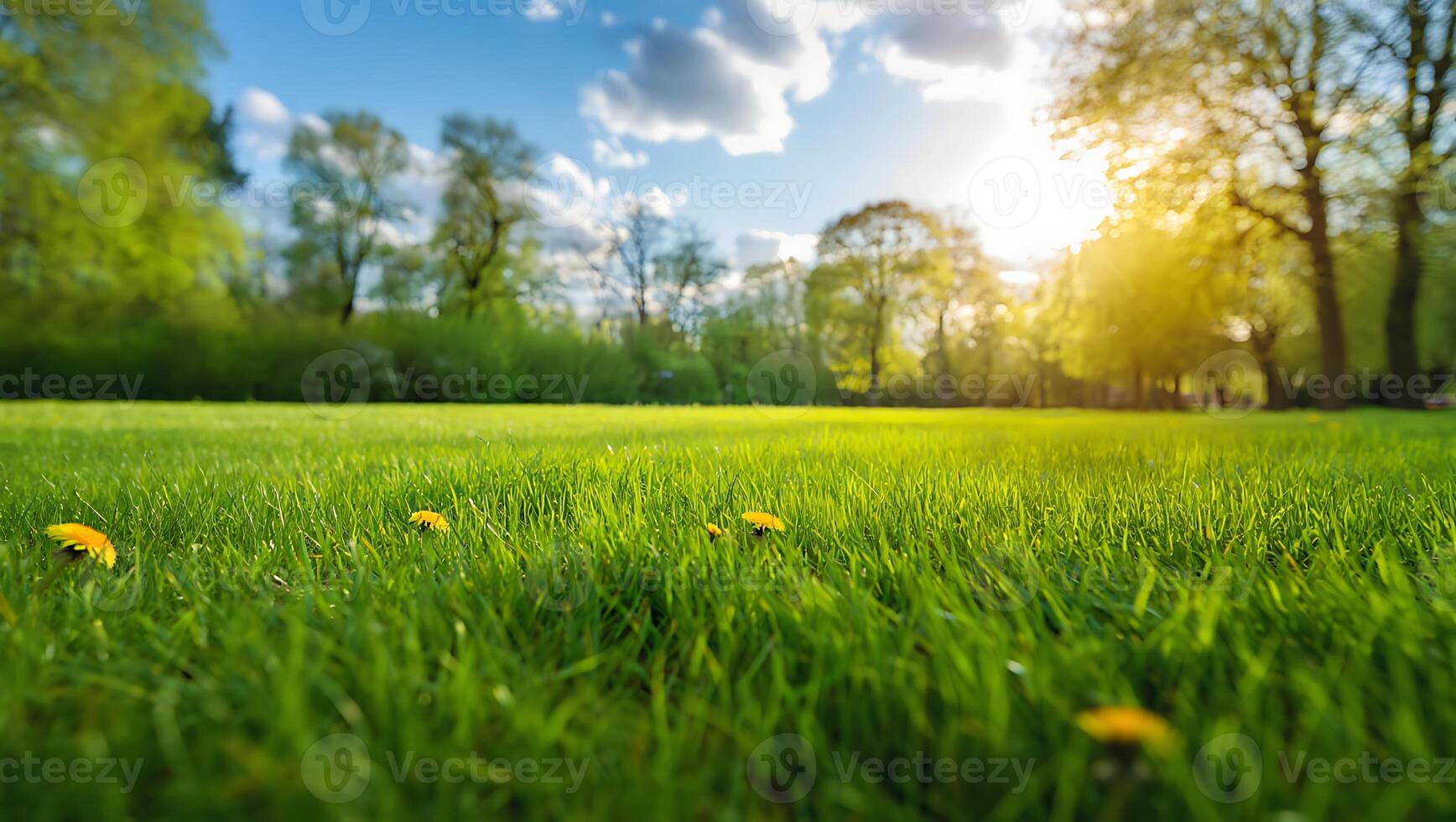 Vibrant green grass blades at a low angle with a warm sun flare and blurred trees in background. photo
