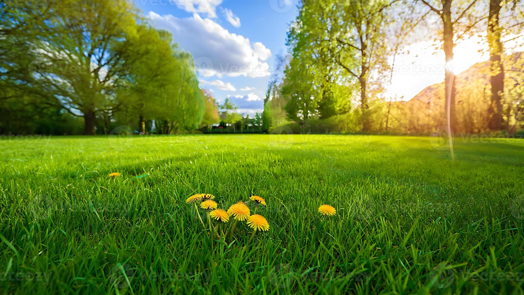 Vibrant Yellow Dandelions Dotting a Lush Green Grassy Field with Bright Sunlight photo