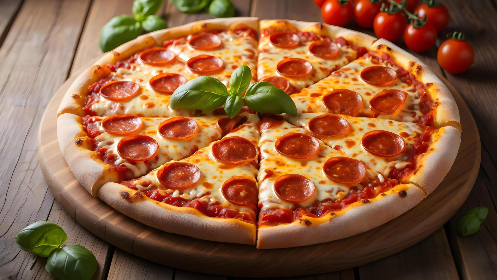 Delicious Pepperoni Pizza with Melted Cheese and Basil on Wooden Table photo