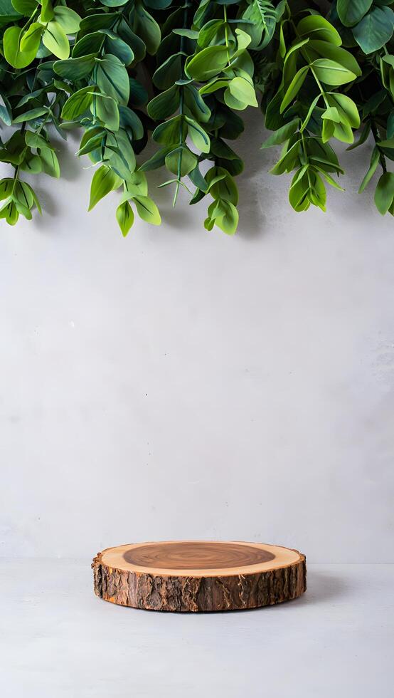 Wooden Tree Slice Pedestal with Hanging Green Leaves on Light Background photo
