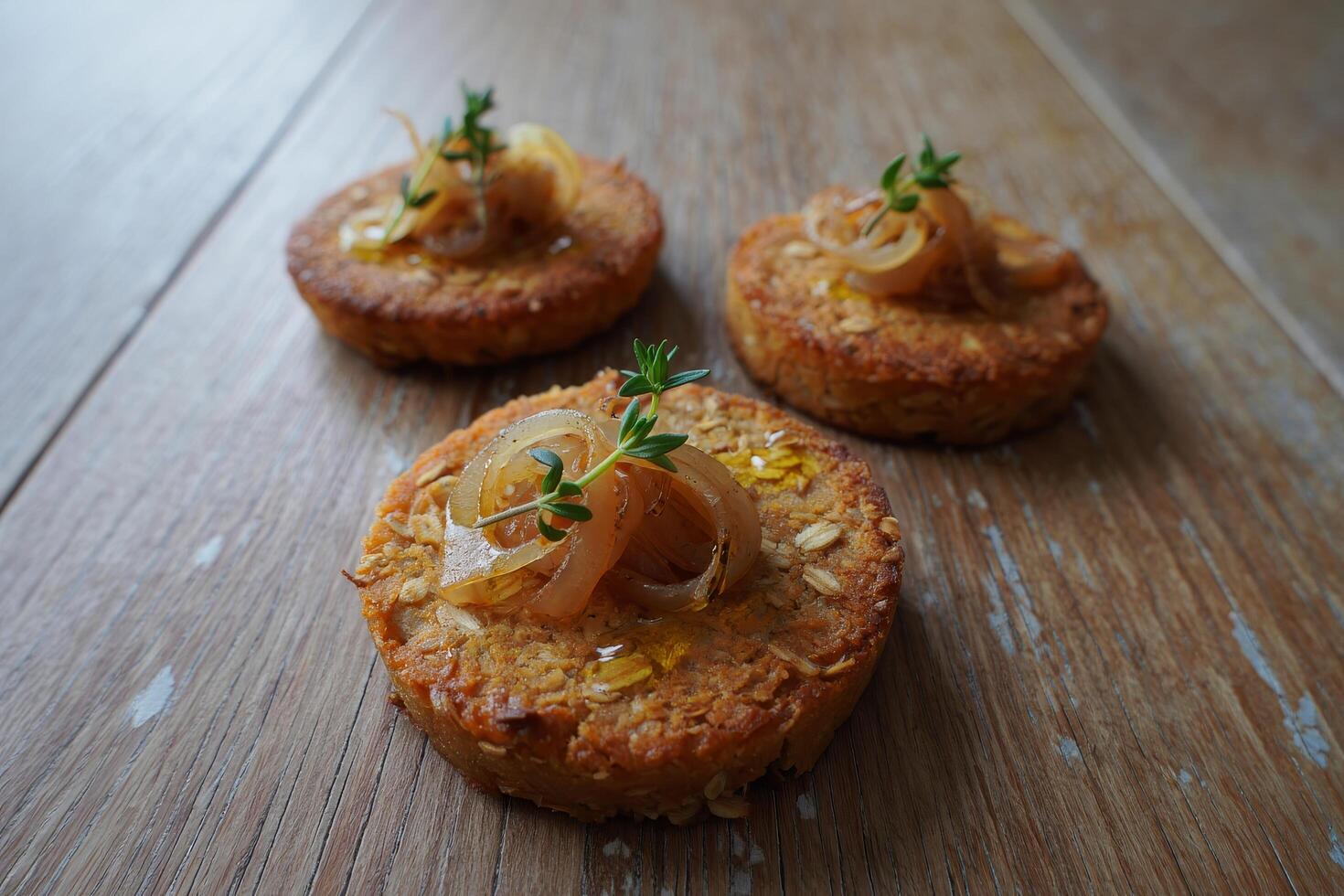 Three delicious savory muffins topped with herbs and a savory filling photo