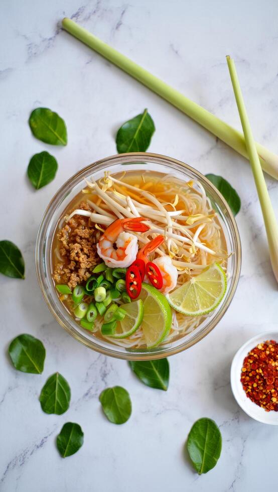 Delicious vietnamese pho noodle soup with fresh herbs and lime photo