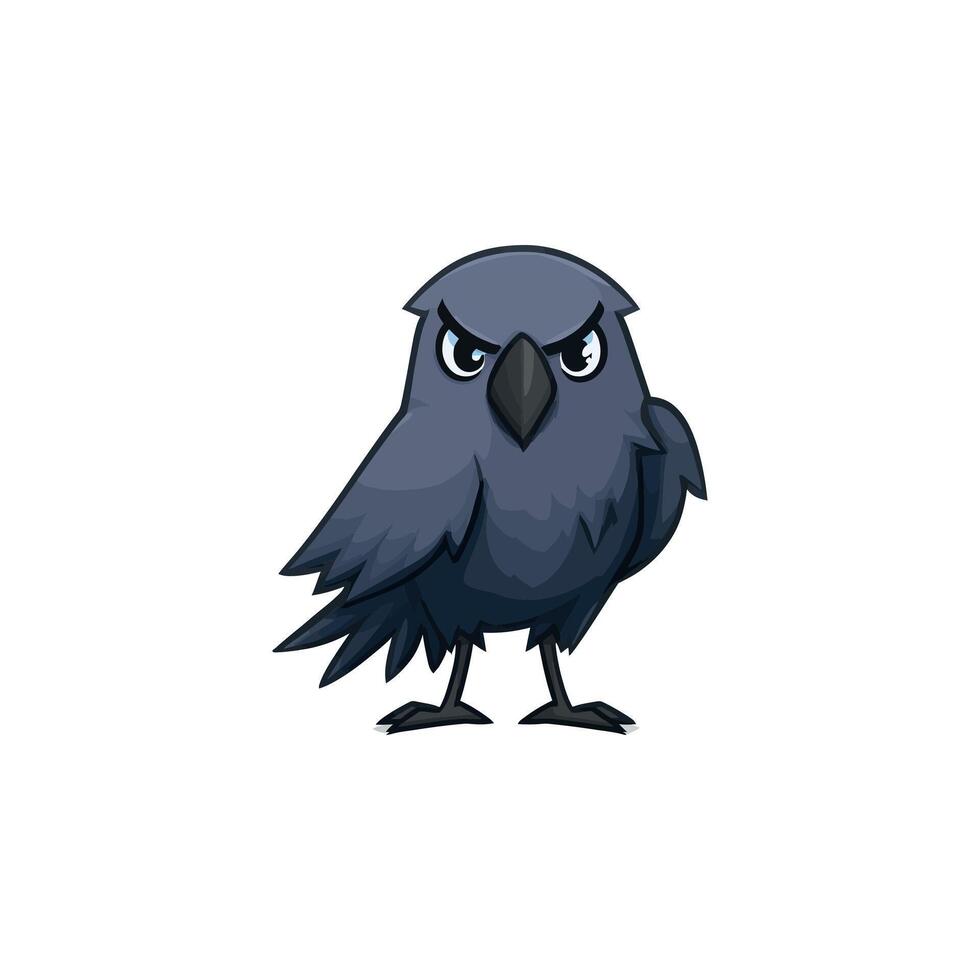 fluffy crow bird icon with big eyes and feathers in flat cartoon style vector