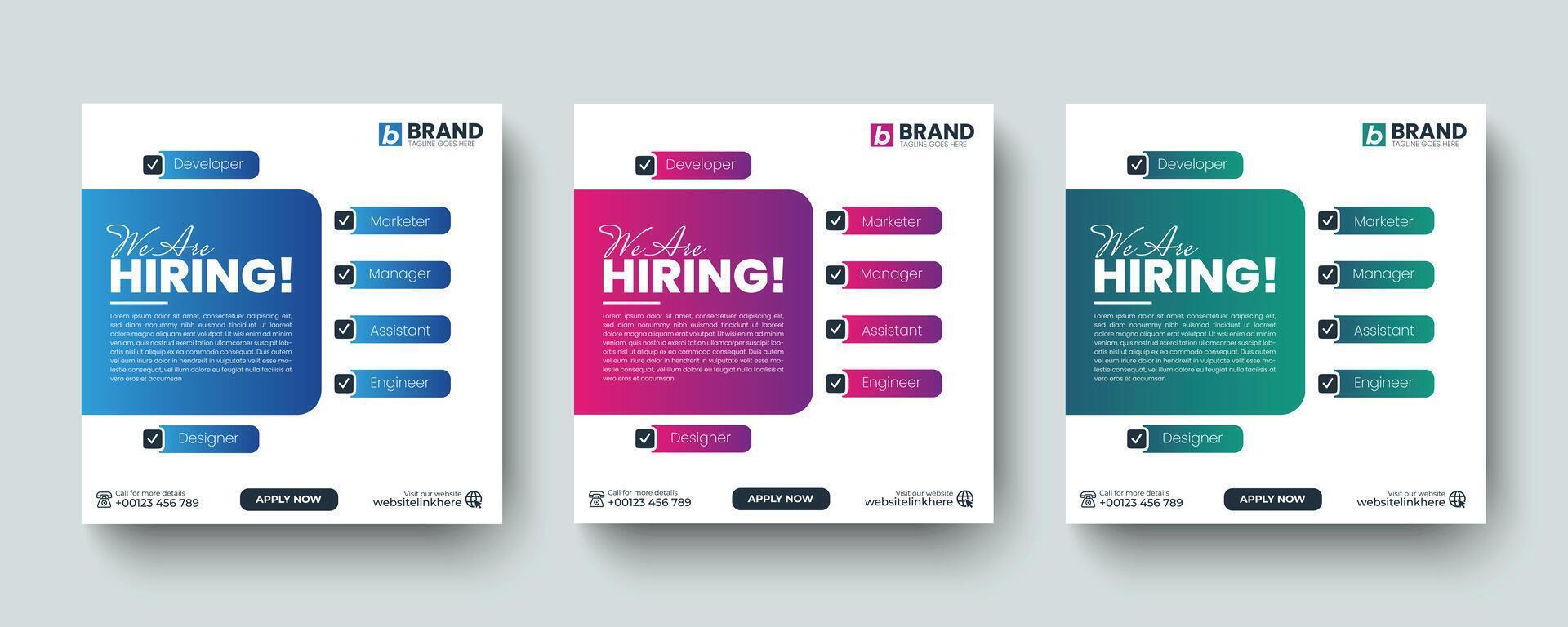We are hiring job vacancy social media post and square web banner design template. Template design for professional hiring social media web banner layout template design vector