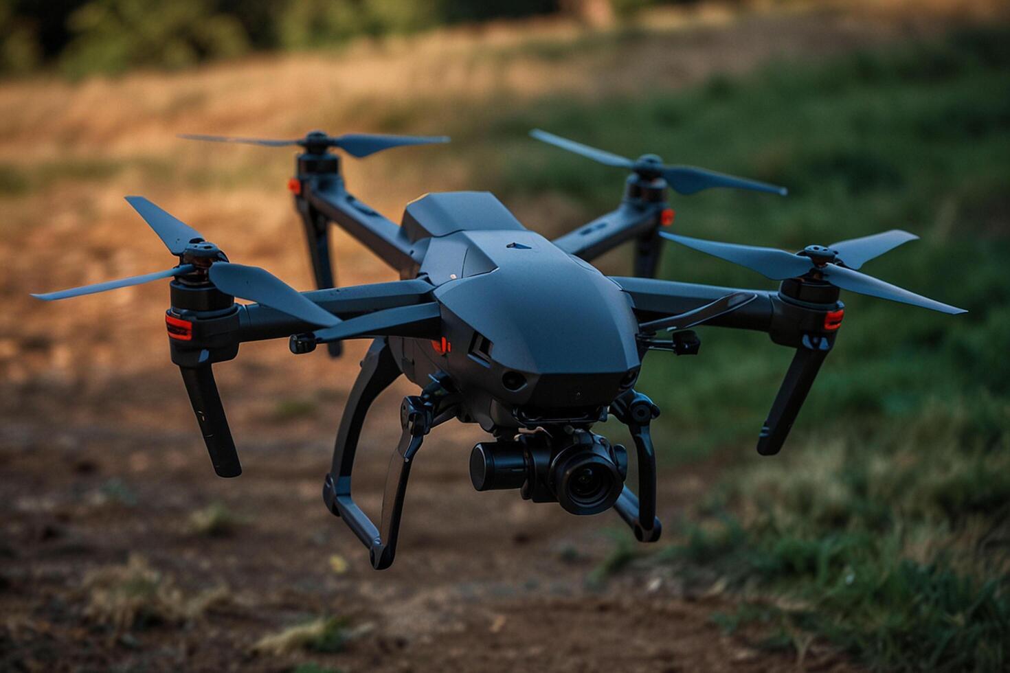 A black drone flying over a field photo