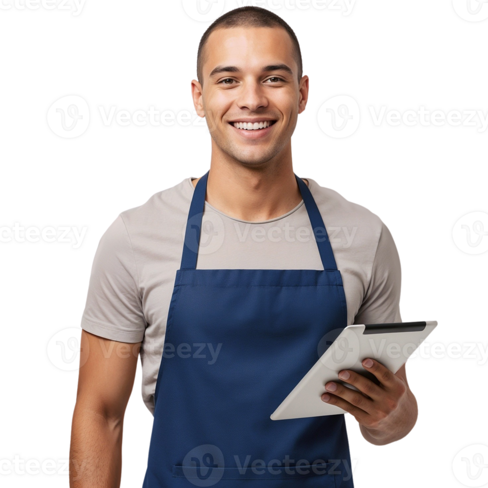 A smiling man in an apron holding a tablet. png