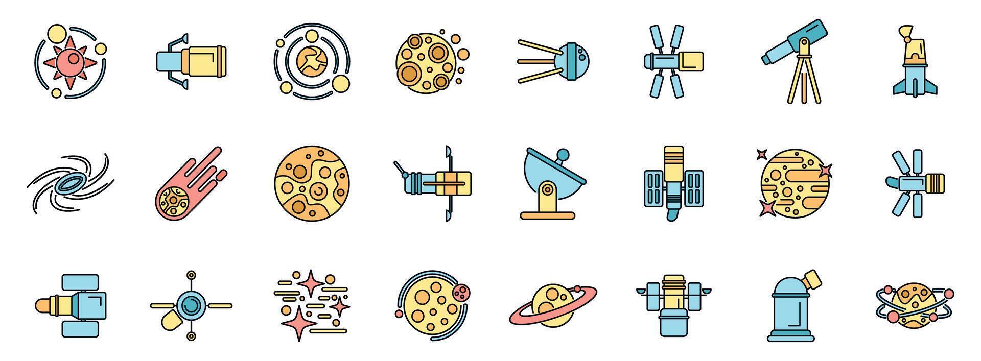 Space exploration, discovering the universe with satellites, telescopes, and rockets vector