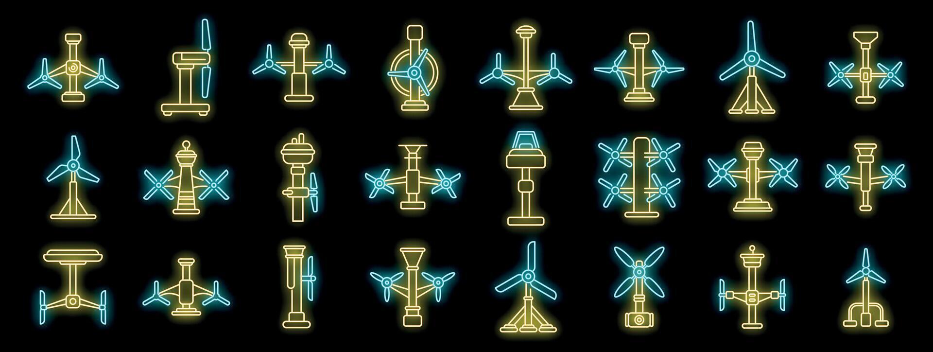 Neon wind turbines generating clean energy, icons set vector