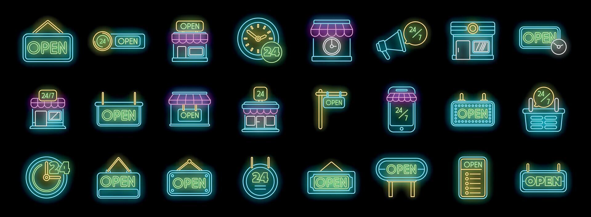 Neon open signs collection indicating business availability and 247 service vector