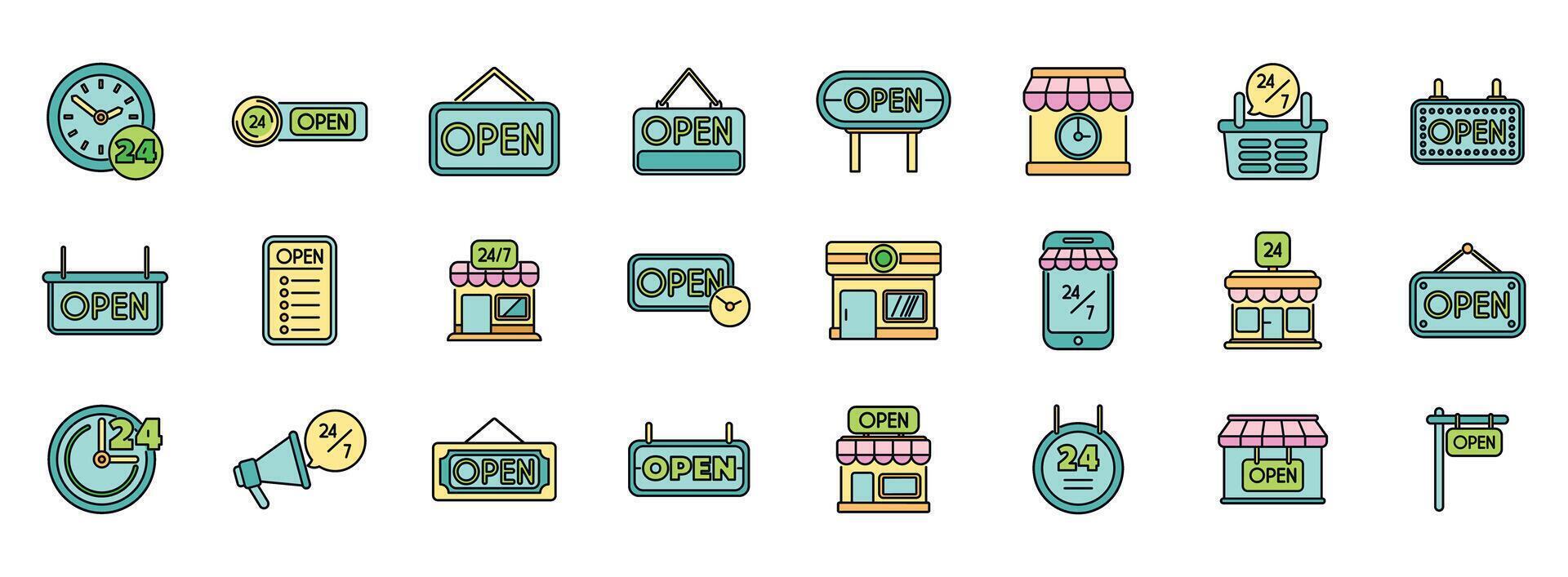 Open sign, shop and retail store with 247 and 24 hours availability vector