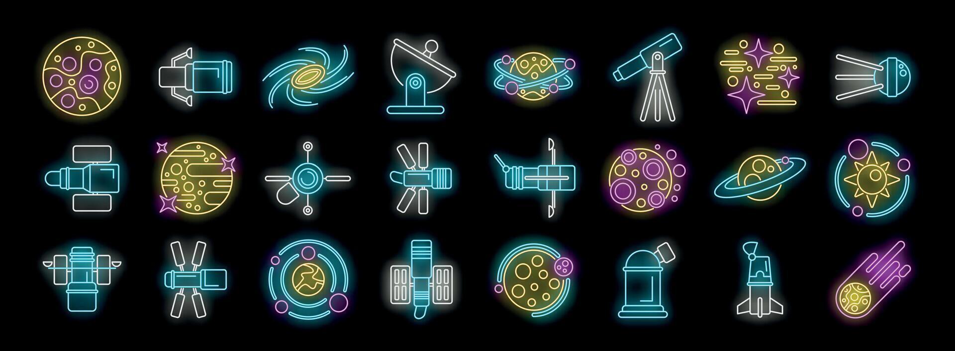 Neon space icons representing celestial bodies, satellites and spacecraft orbiting vector