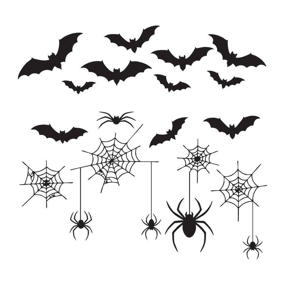 Halloween bats spiders and webs silhouette isolated on white background vector