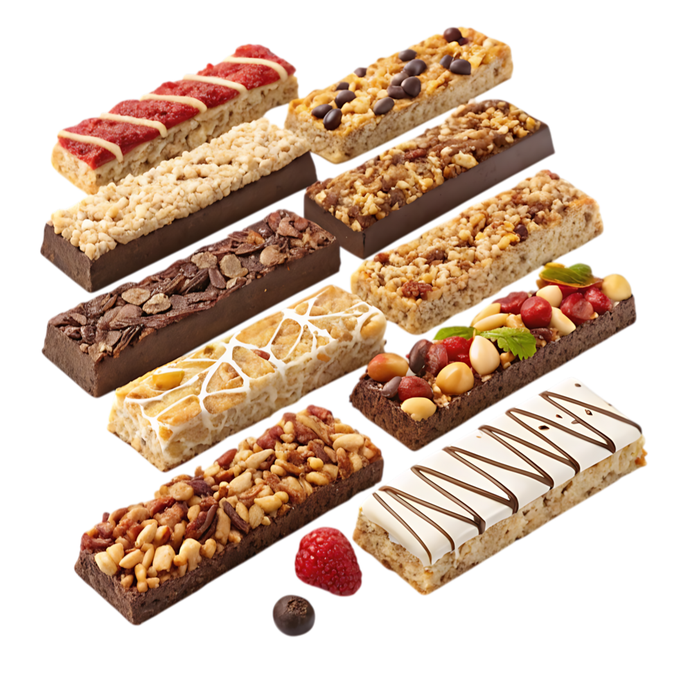Of a variety of delicious and healthy granola bars with different toppings like nuts, seeds, and dried fruit, isolated isolated on transparent background png