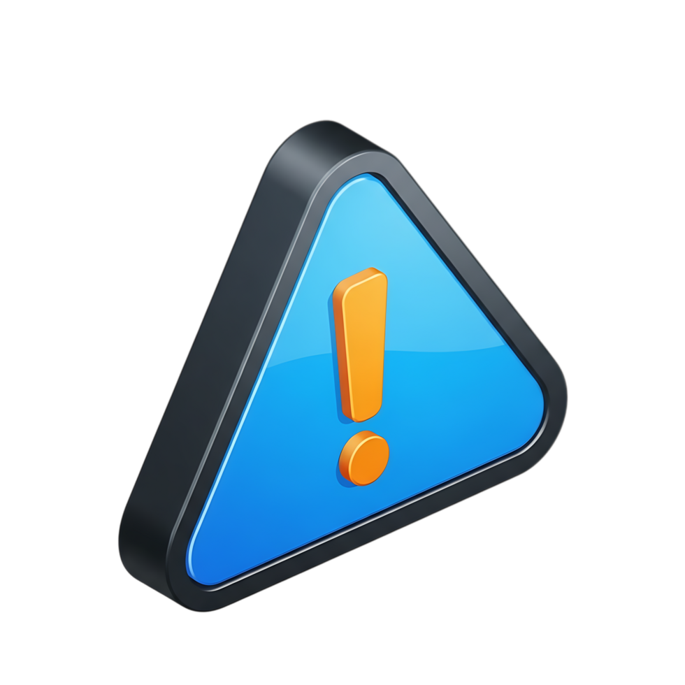 3d icon of a glossy 3d warning sign with a blue triangle and an orange exclamation mark, isolated on a transparent background png