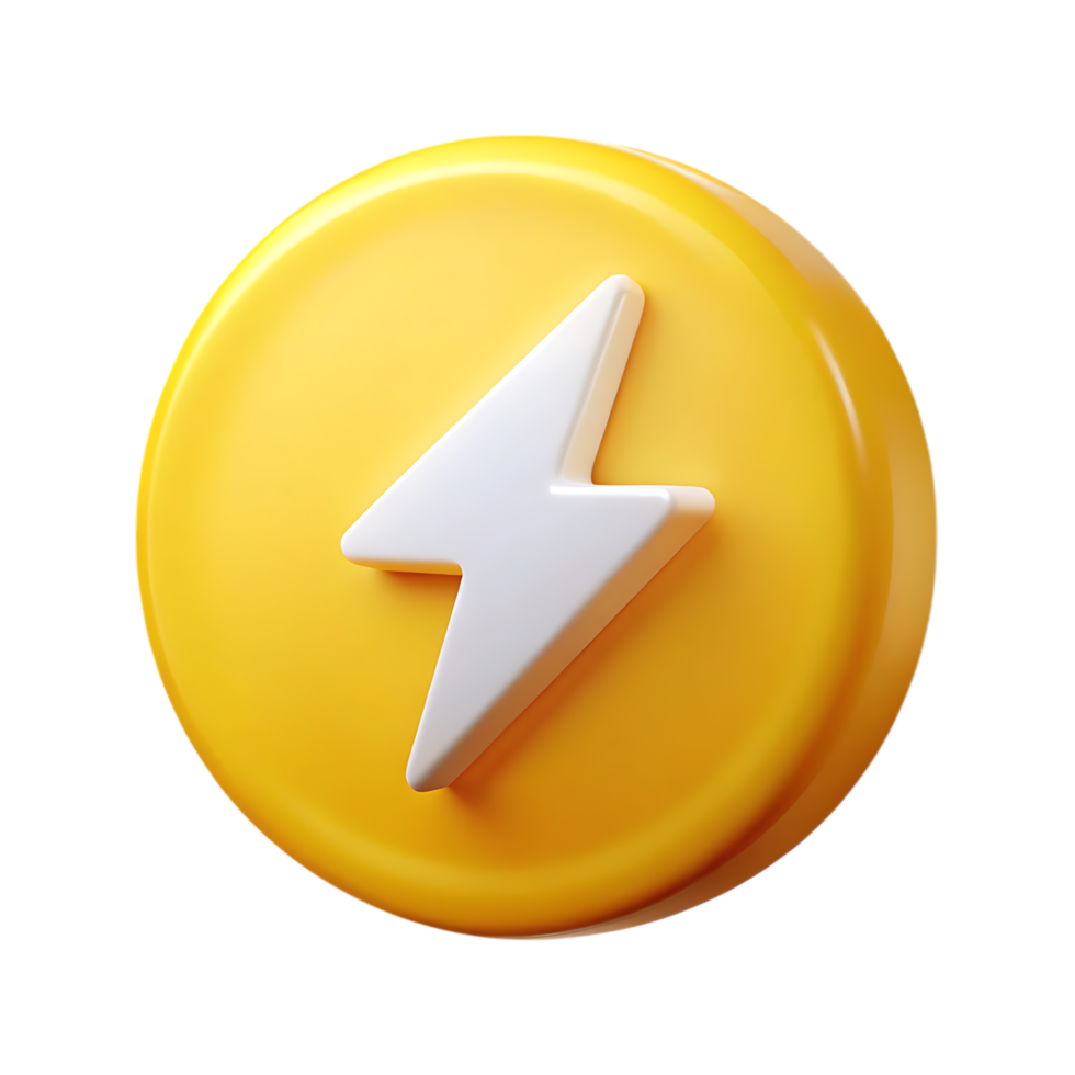 3d icon of a vibrant 3d of a white lightning bolt on a bright yellow circular background, representing energy and speed isolated on transparent background png