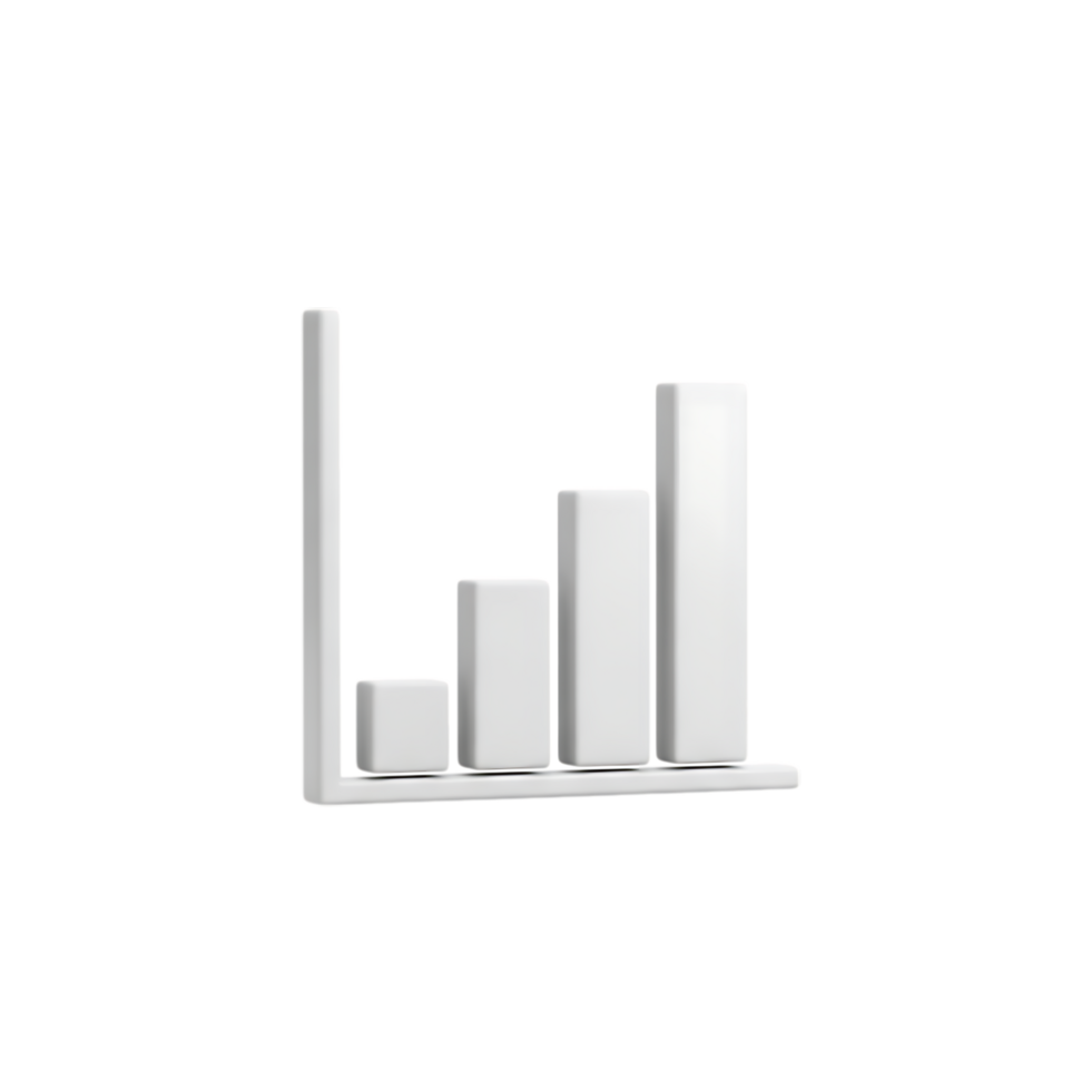 3d icon of a simple white bar graph illustrating upward growth and increasing data trends, isolated on a transparent background png