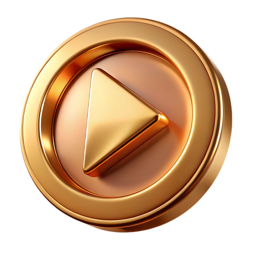 3d icon of a golden, metallic play button icon with a prominent triangle symbol within a circular frame, isolated on a transparent background for media playback png