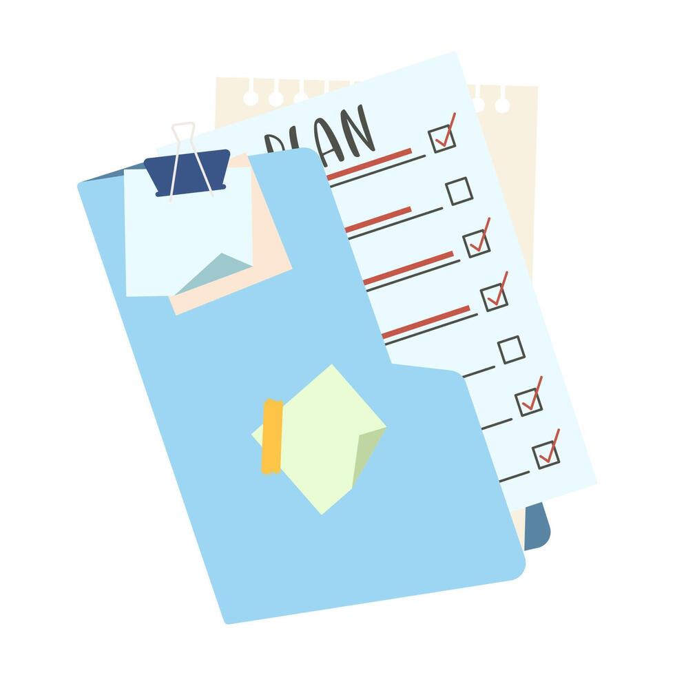 Organized workspace with task sheets and schedule planner. Neatly arranged office supplies on wooden desk creating a productive atmosphere. vector