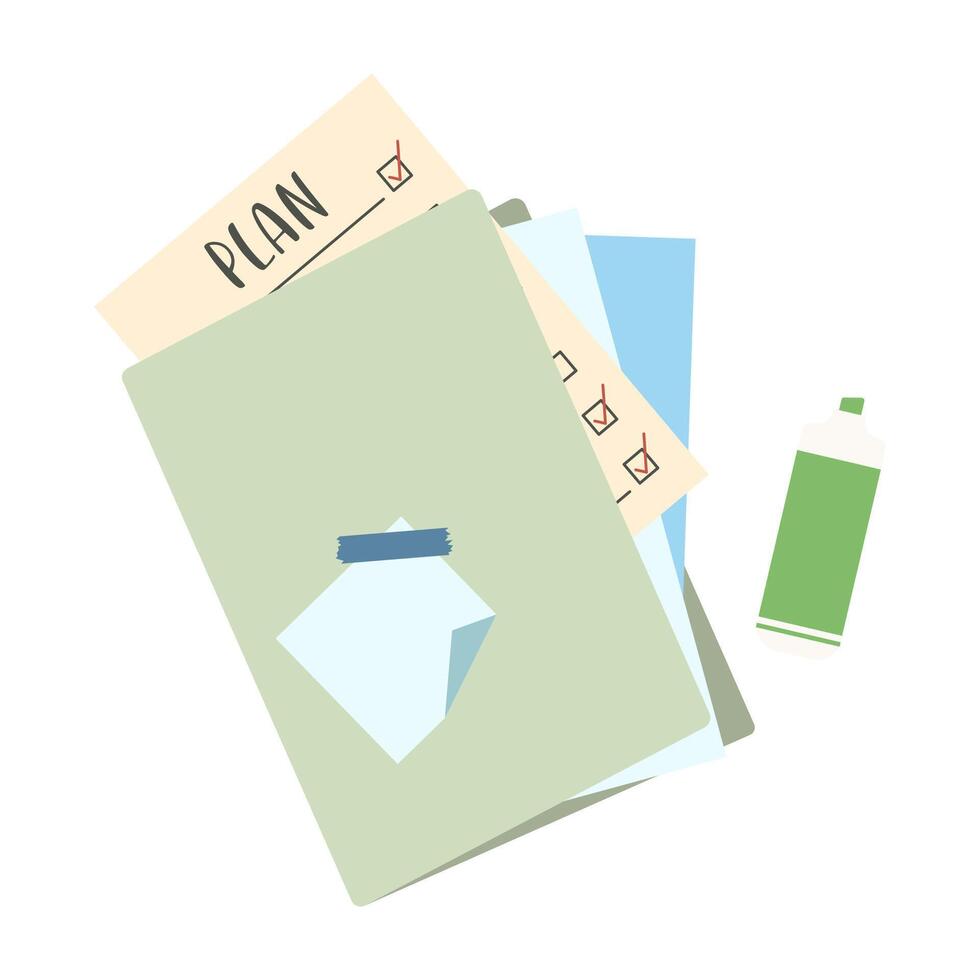 Organized task list and schedule on crisp paper laid out with office supplies. Minimalist workspace capturing productivity and planning. vector