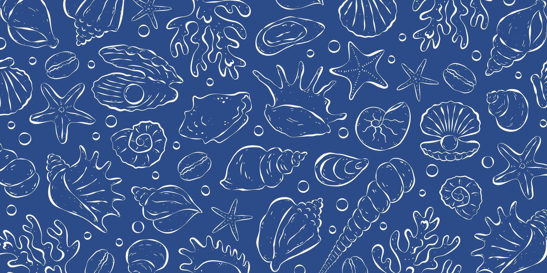 Horizontal background on the coastal theme. Various seashells and bubbles on blue backdrop. Freehand sketch pattern. Rough ink lines. Flat illustration. Ideal for banner, wallpaper, packaging vector