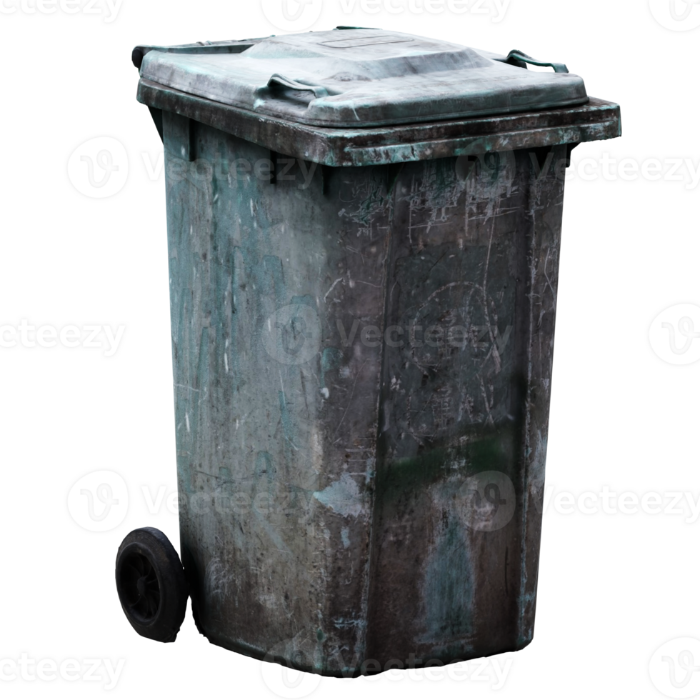 3d render old dirty trash bin with transparent background png